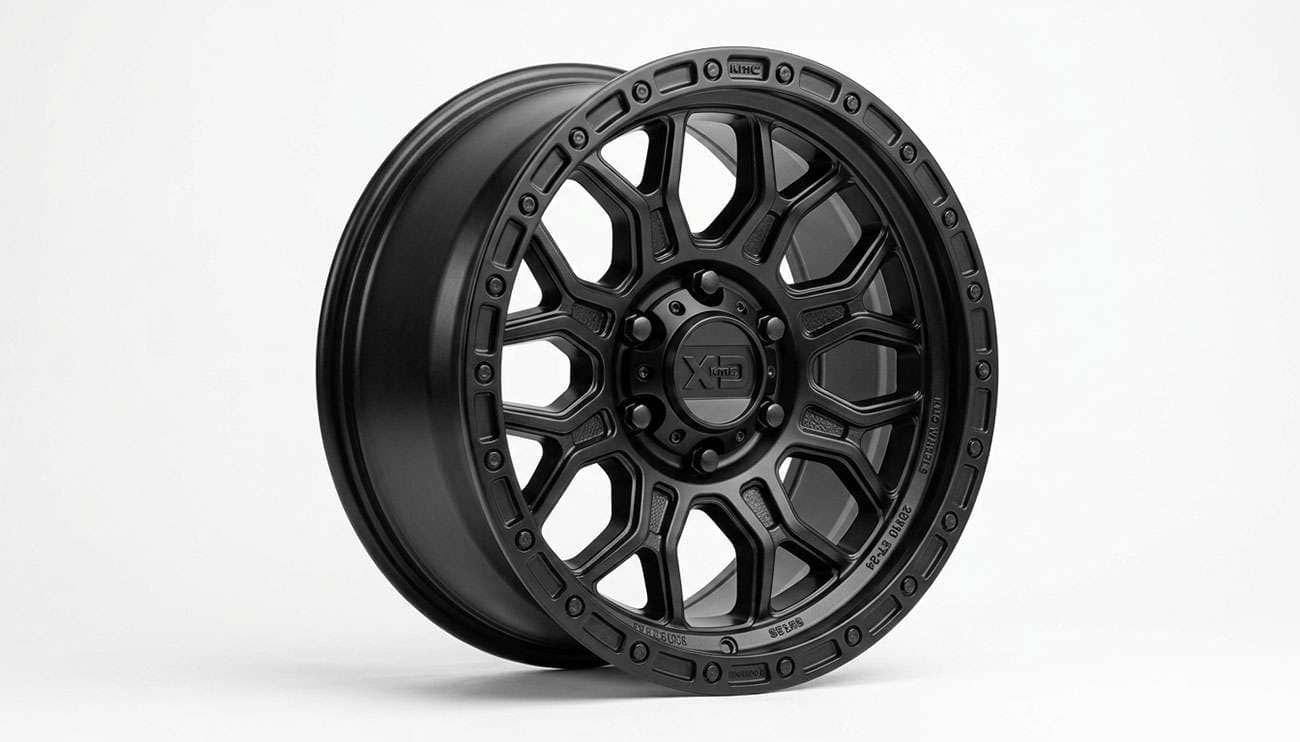 Matte black 6-lug 6x135 aftermarket truck wheel for a Ford F-150 on a clean white seamless studio backdrop