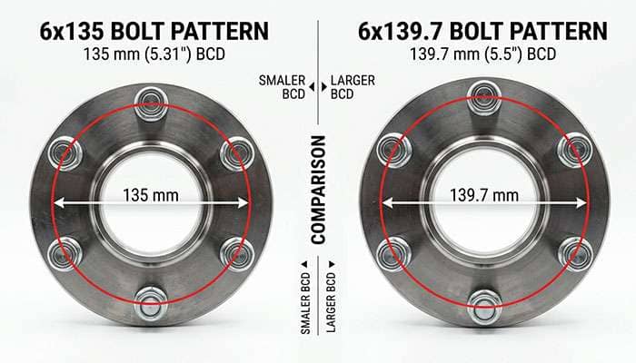 Comparison diagram of a 6x135 bolt pattern next to a 6x139.7 bolt pattern showing the difference in bolt circle diameter