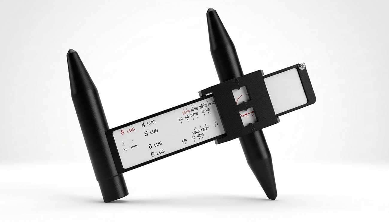 Wheel bolt stud pattern gauge measurement tool for 4, 5, 6, and 8 lug rims