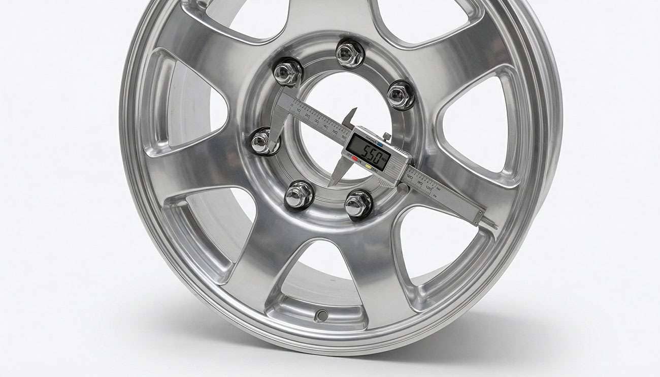 Close-up of a car wheel showing a 6x5.5 bolt pattern with lug nuts and a measuring tool attached