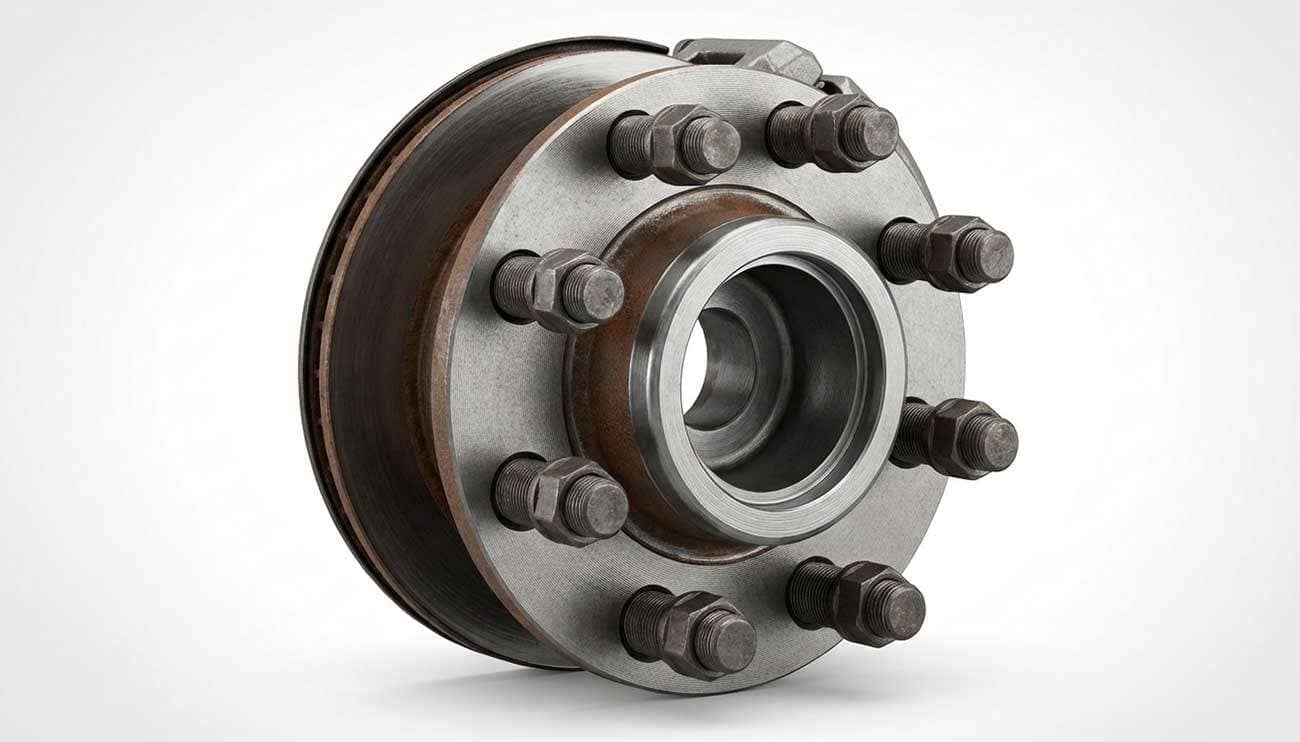 Close-up of a vehicle wheel with an 8x180 bolt pattern highlighting wheel fitment details in a garage.