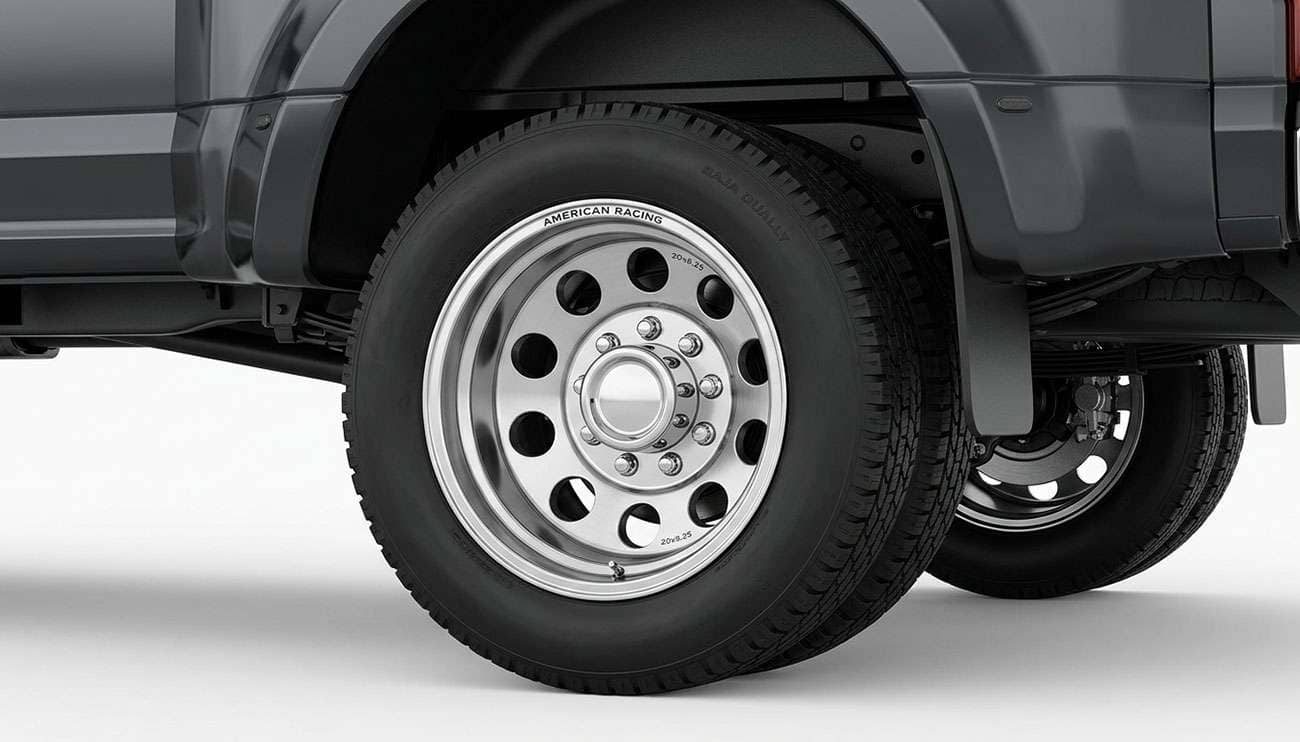 Rear dual wheel assembly on a heavy duty pickup truck showing the eight lug bolt pattern