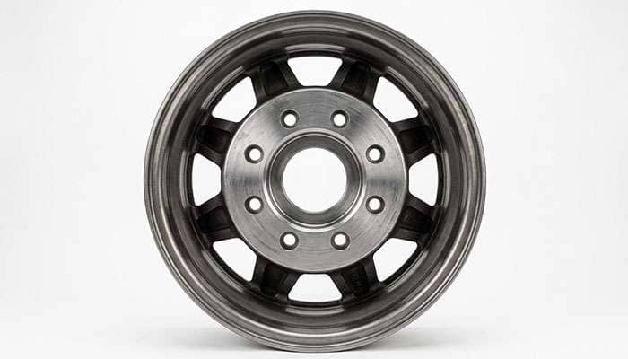 Dually wheel hub face showing the eight stud bolt circle and the machined center bore