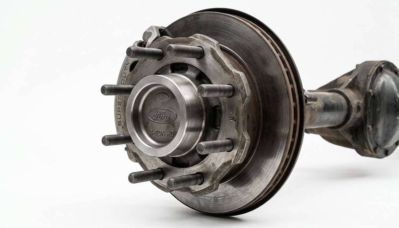 Close-up of a heavy-duty dual rear wheel truck hub showing eight studs arranged on a wide 210mm circle with a large center pilot