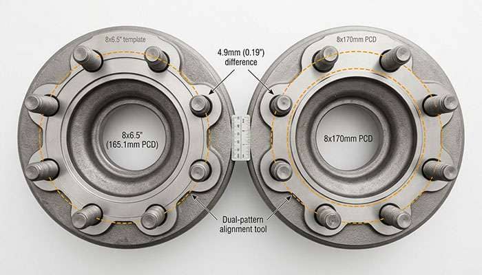 Close-up comparison of 8x6.5 inch and 8x170mm bolt patterns showing the small visual difference