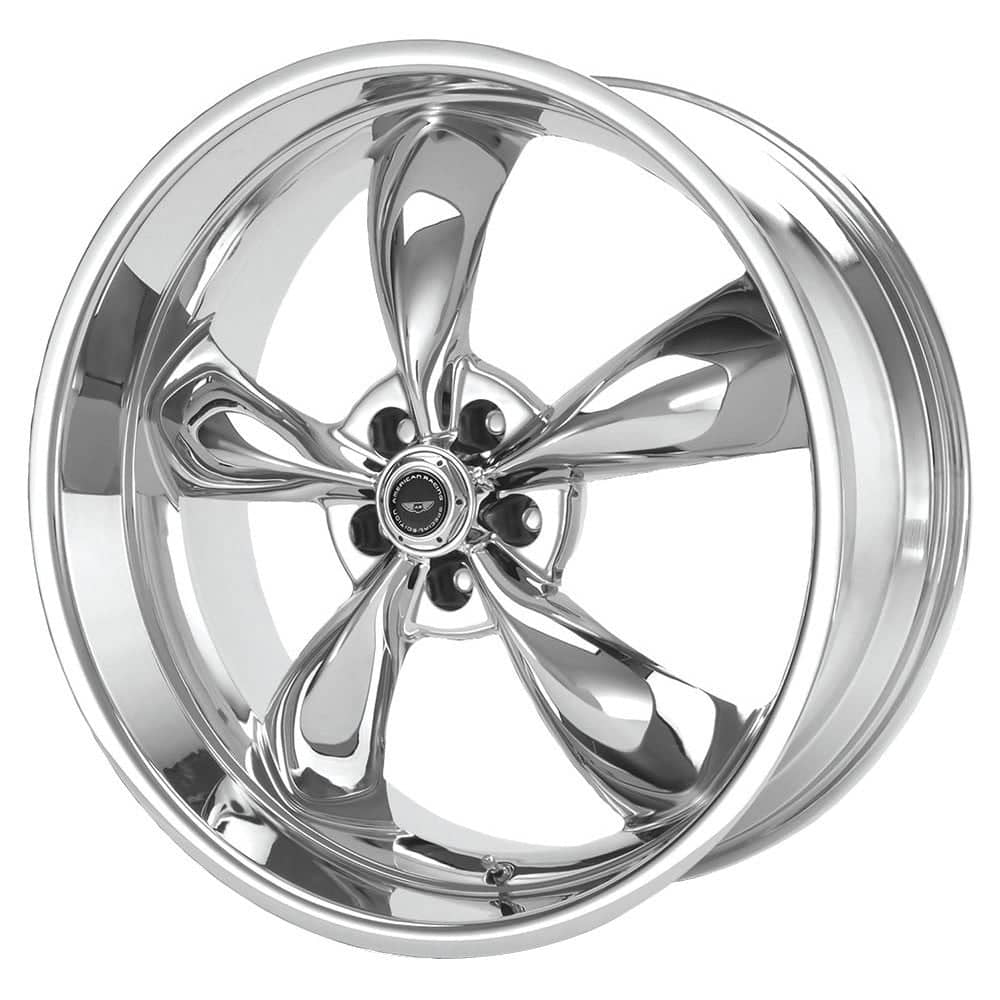 American Racing AR605M Torq Thrust M chrome wheel available in a 5x115 bolt pattern, on a clean white studio backdrop