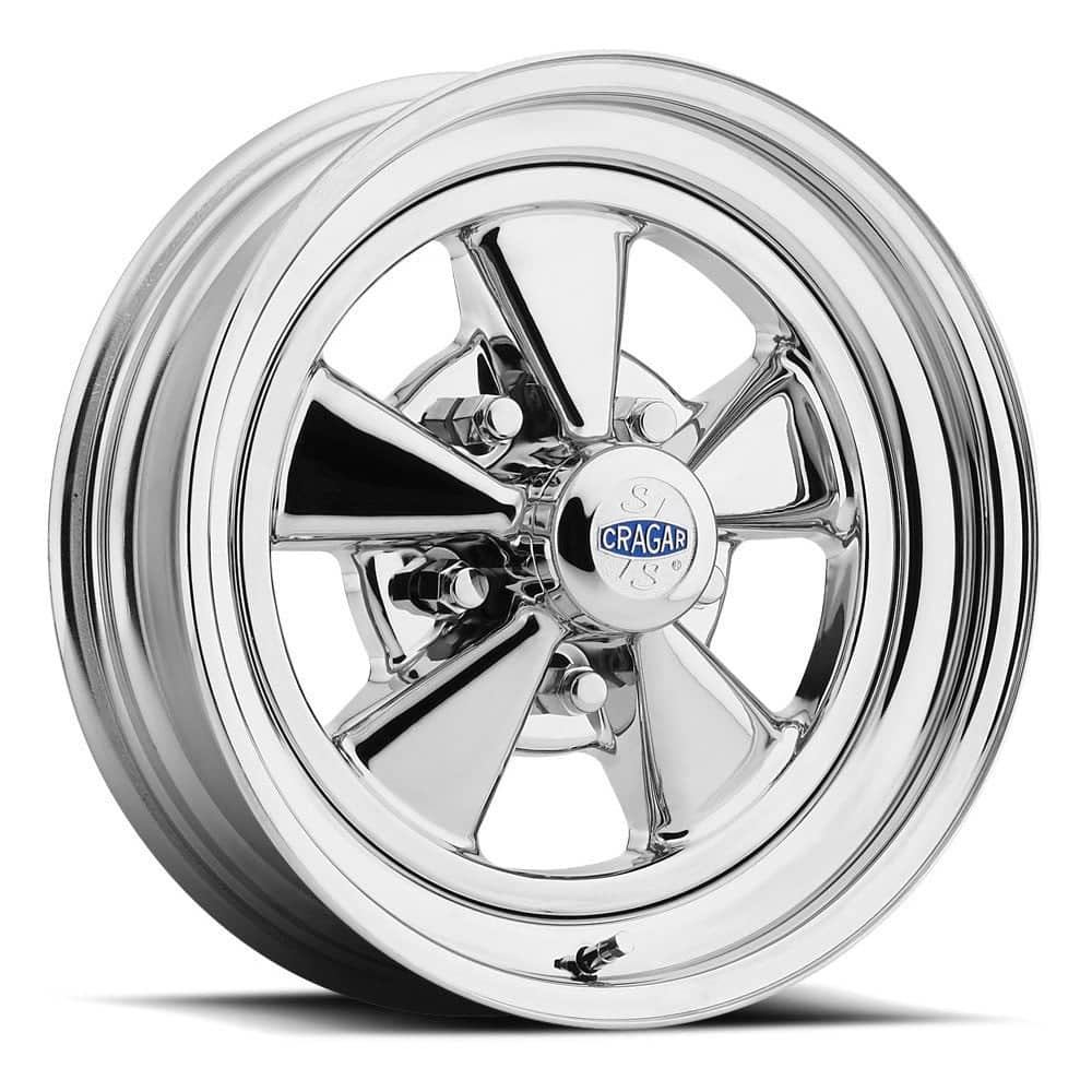 Cragar S/S Super Sport chrome five-spoke wheel, a classic gasser and hot rod wheel, on a clean white studio backdrop