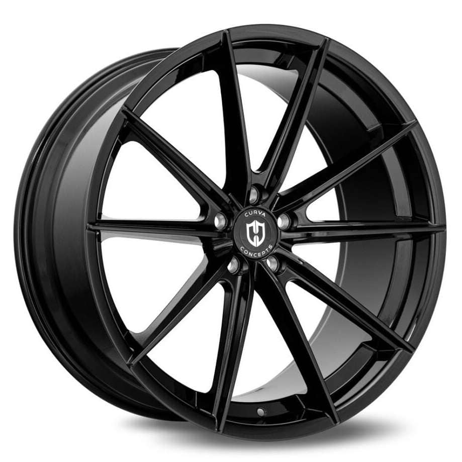 Curva CFF46 flow-forged wheel in gloss black, split-spoke concave design, three-quarter studio angle