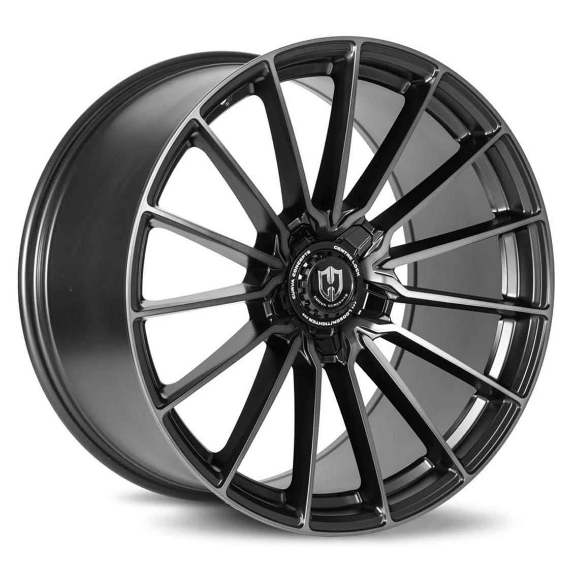 Curva CFF75 wheel in black machined tint, mesh-style face, three-quarter studio angle