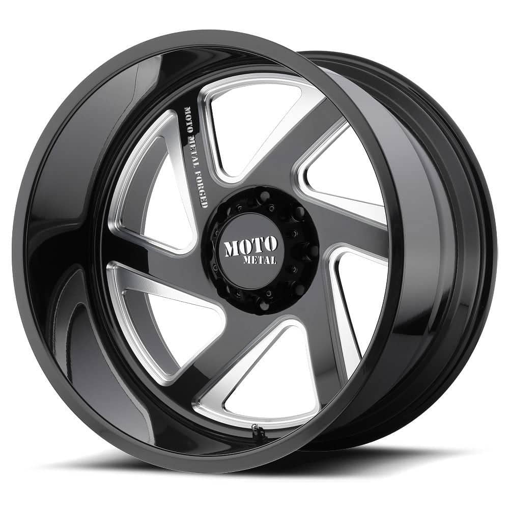 Moto Metal MO400 gloss black milled 6x135 wheel on a clean white seamless studio backdrop