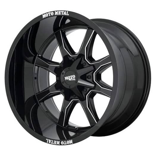 Moto Metal MO970 gloss black milled 5x139.7 truck wheel at an angle