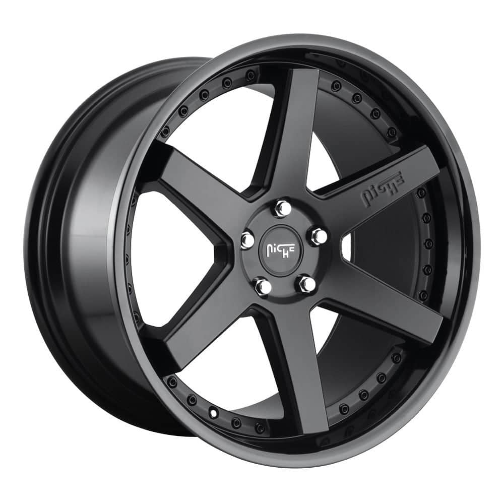 Niche Altair M192 gloss black concave aftermarket wheel in a 5x115 bolt pattern, on a clean white studio backdrop