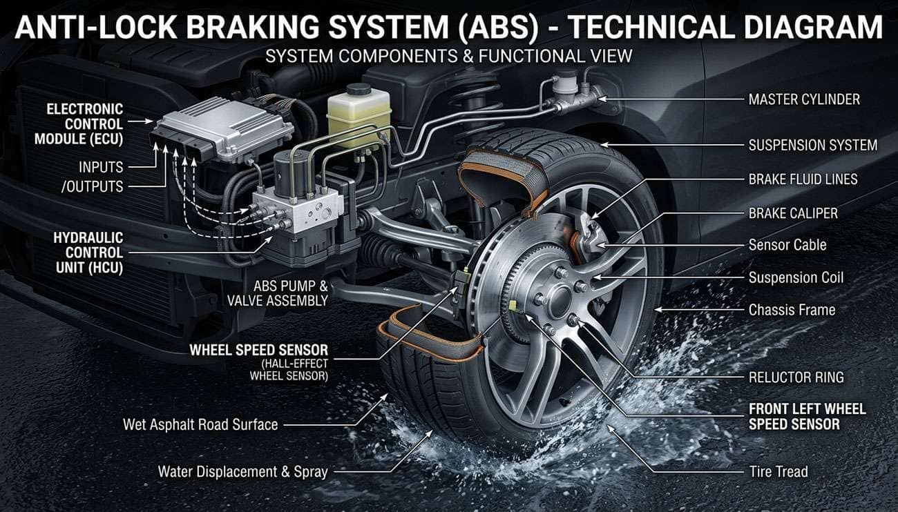 Anti-lock braking system diagram showing ABS components and tire contact with wet road surface