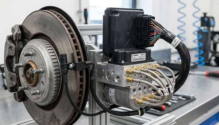 Detailed view of ABS components including wheel speed sensor hydraulic control unit and electronic control module