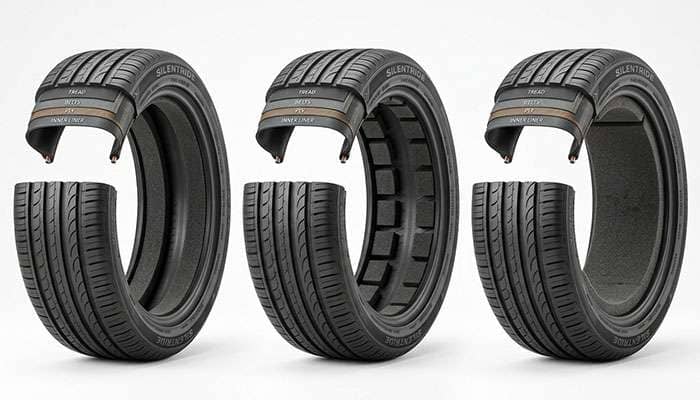 Three tires shown in cutaway with acoustic foam placed differently inside each, studio photo