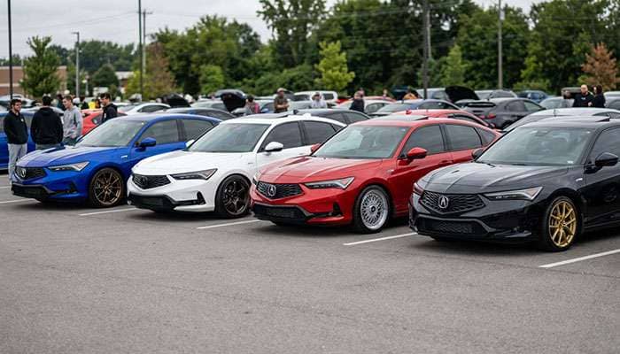 Four Acura Integra models in different colors with text Integra Wheel Fitment and Hulk Offsets logo in background