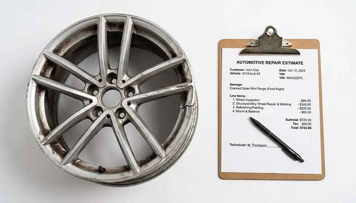 Insurance adjuster estimate paperwork and a clipboard beside a damaged alloy wheel on a clean white backdrop