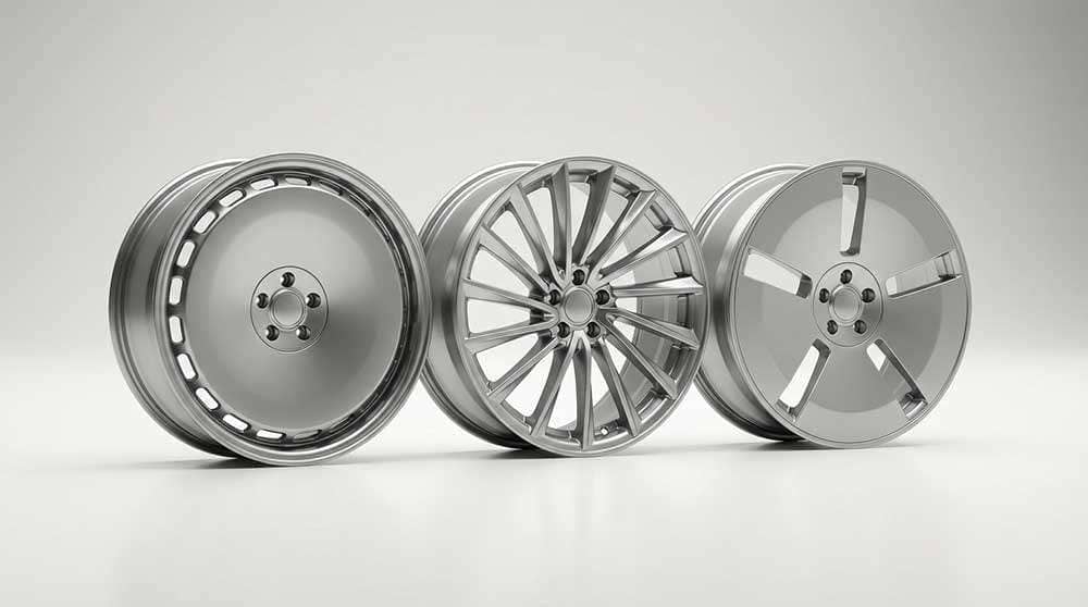 Three modern alloy wheels displaying different spoke patterns and aerodynamic designs for optimal vehicle performance