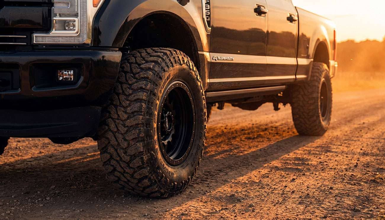 Close-up of aftermarket off-road tires on a Ford F-250/F-350 truck at sunset on a dirt road