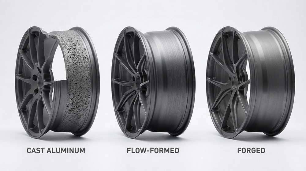 Comparison chart illustrating differences between cast, flow formed, and fully forged wheels in manufacturing and durability