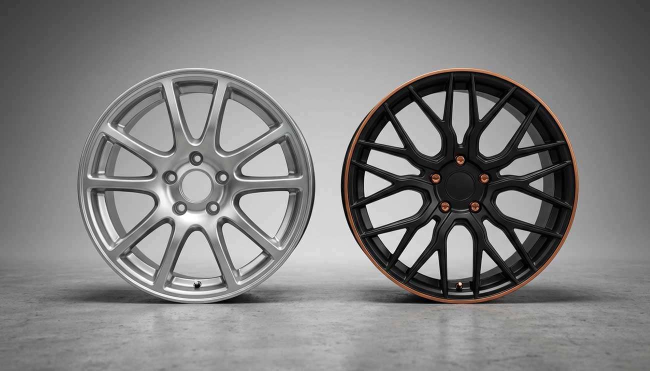 Side-by-side comparison of a silver OEM wheel and a black aftermarket wheel with copper rim in a workshop