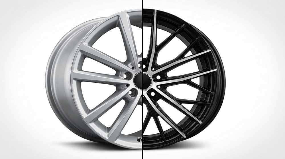 Side-by-side comparison of a silver OEM wheel and a black aftermarket wheel on a workshop floor