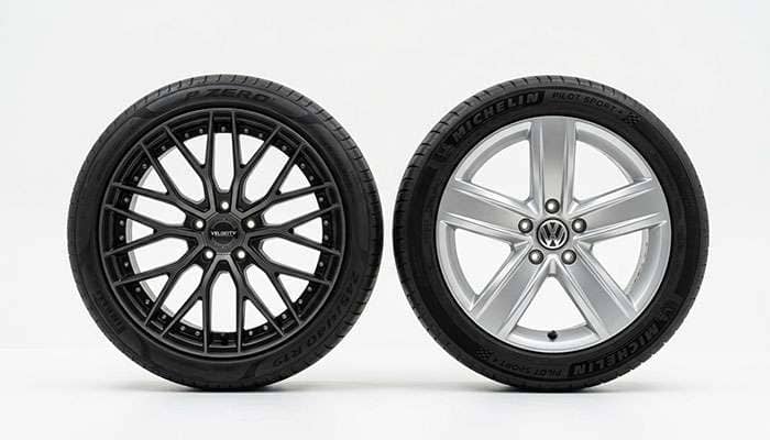 Aftermarket alloy wheel and factory OEM alloy wheel standing side by side for comparison