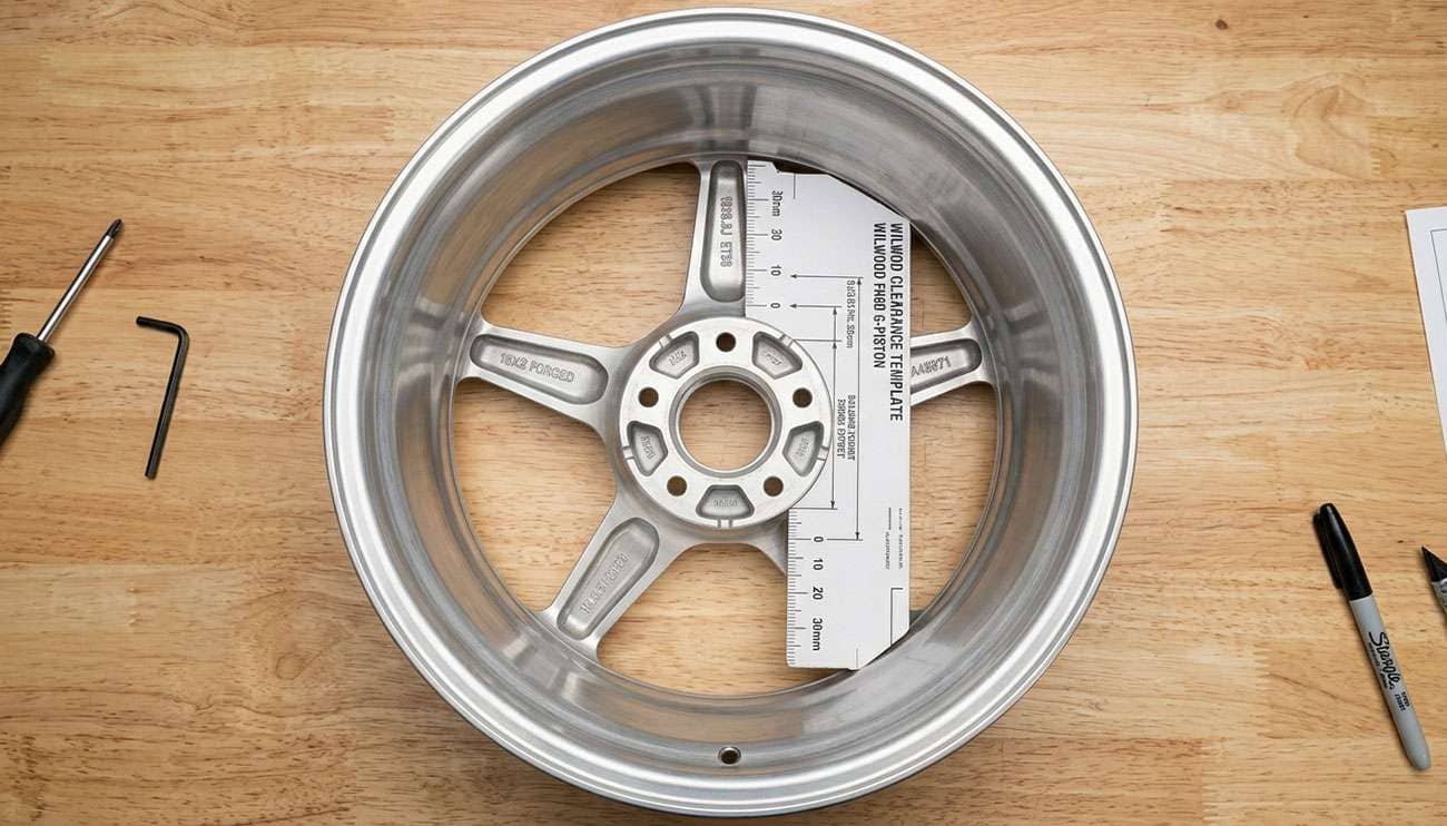 Aluminum aftermarket wheel laid face down on a workbench with a printed brake caliper clearance template positioned inside the barrel against the spokes