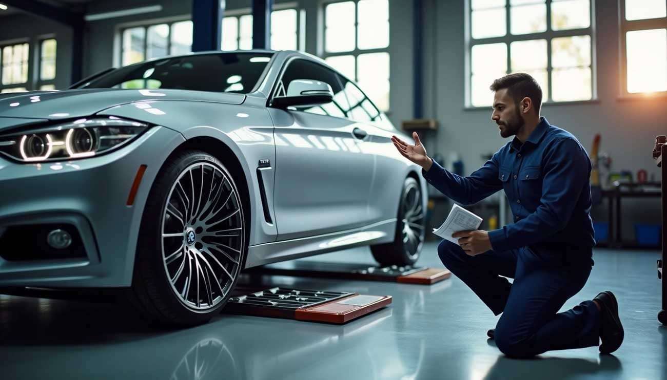 Man in a workshop examining a silver car with aftermarket wheels while holding a document