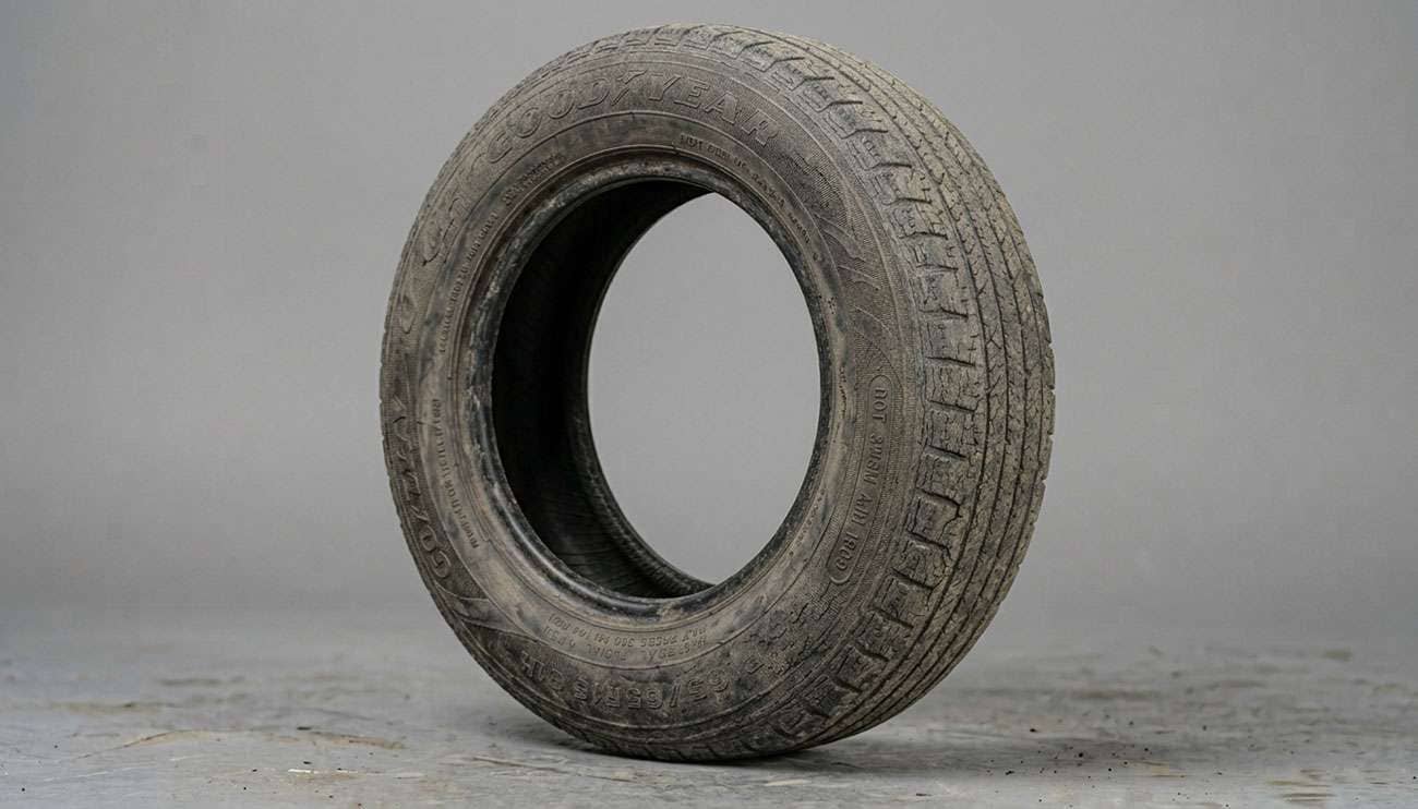 Aged car tire sidewall showing fine cracking and dry rot with DOT date code visible