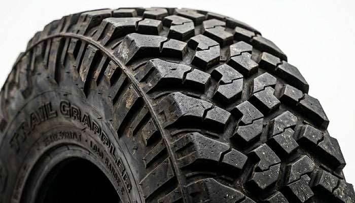 Macro close-up of aggressive sidewall biter lugs on a mud-terrain off-road tire showing extended shoulder tread elements wrapping onto the sidewall on a clean white studio backdrop