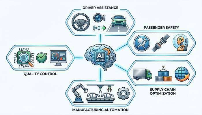 Illustration showing AI use cases in automotive including driver passenger supply chain manufacturing and quality control improvements