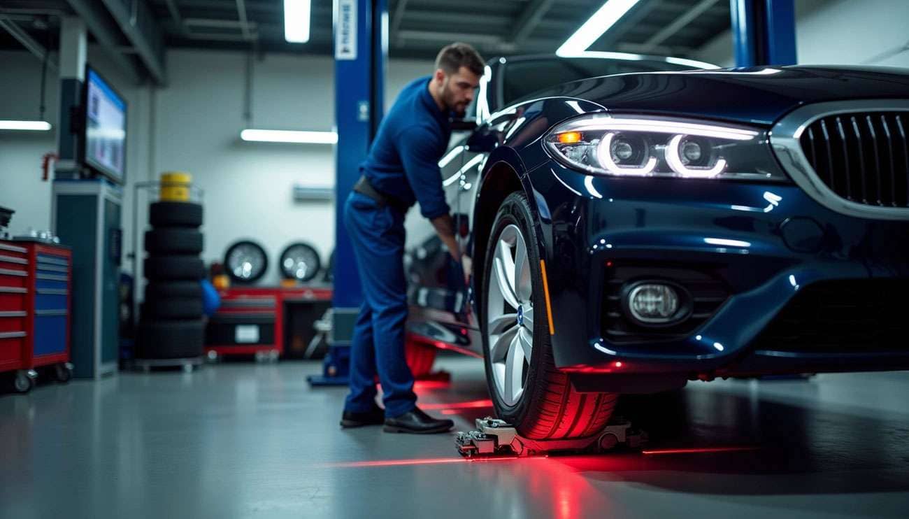Auto mechanic performing a wheel alignment on a blue car in a tire service workshop using laser equipment