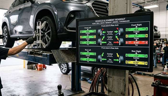 Detail of professional alignment rack computer display showing camber caster toe measurements
