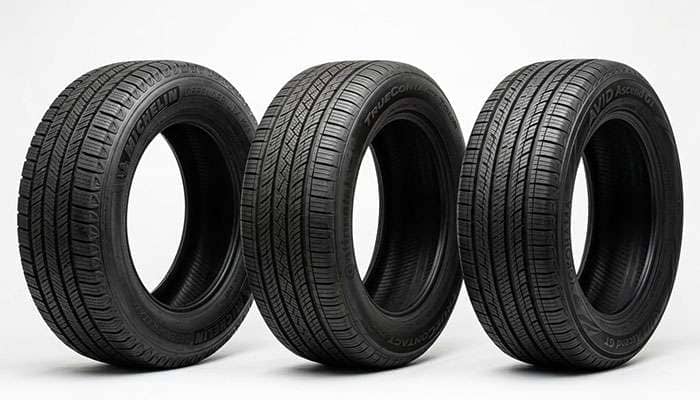 Side-by-side comparison of top-rated all-season commuter tires showing tread design differences