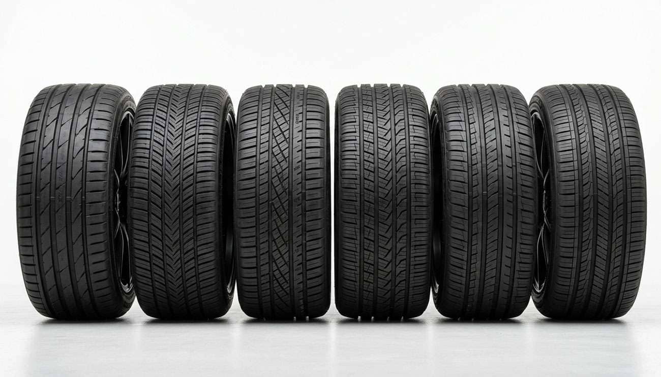 Row of ultra-high-performance all-season tires displayed showing tread patterns and sidewall details