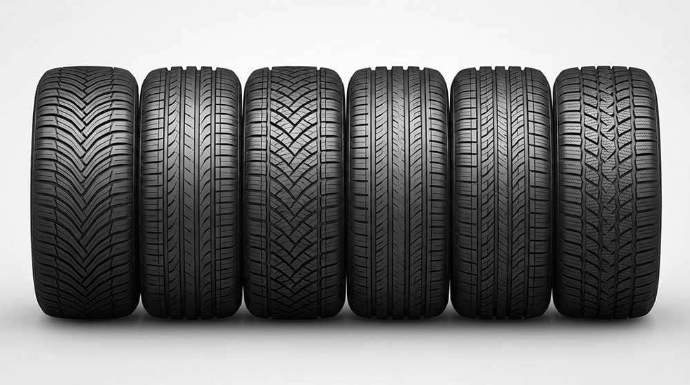 Six different all-season tire treads from Michelin Bridgestone Continental Pirelli Dunlop and Yokohama displayed side by side