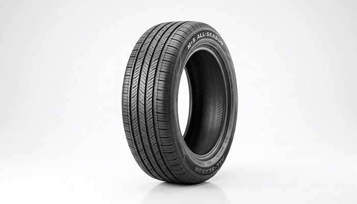 All-season tire with symmetrical tread pattern showing siping and groove details