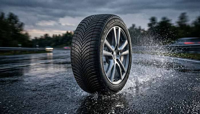 All season tire on wet road showing water channeling grooves and wet traction performance