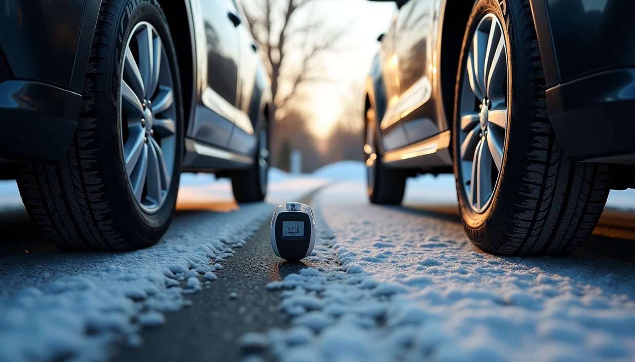 Two cars parked on a snowy road with a digital thermometer showing the cold temperature between their tires at sunset