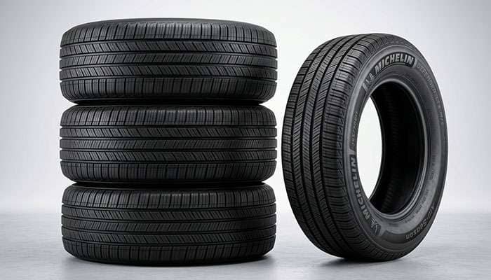 Stack of four black all-season tires and a single tire shown separately, ideal for Nissan Altima performance.
