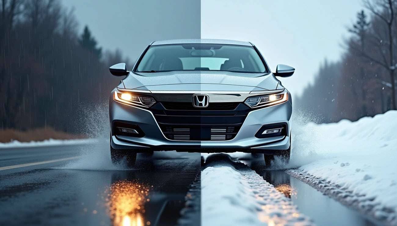 Front view of a car driving on a road split between wet rain and snowy conditions, highlighting all-season tires performance