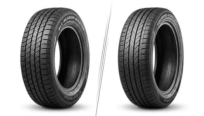 Comparison image showing All Season Tires on the left versus Touring All Season Tires on the right with a VS in the center