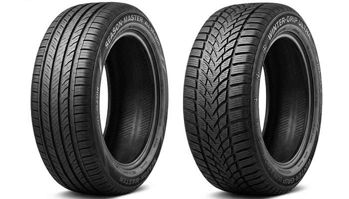 Close-up comparison of tread patterns on an all-season tire and a winter tire highlighting their differences