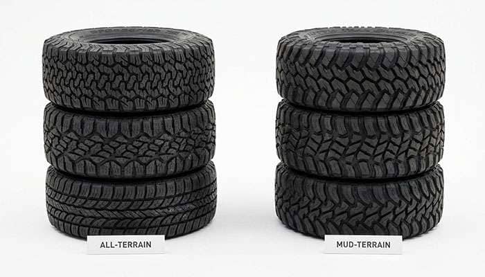 Comparison of various on-road and off-road all-terrain tires from brands like Bridgestone, Cooper, Hankook, and Goodyear
