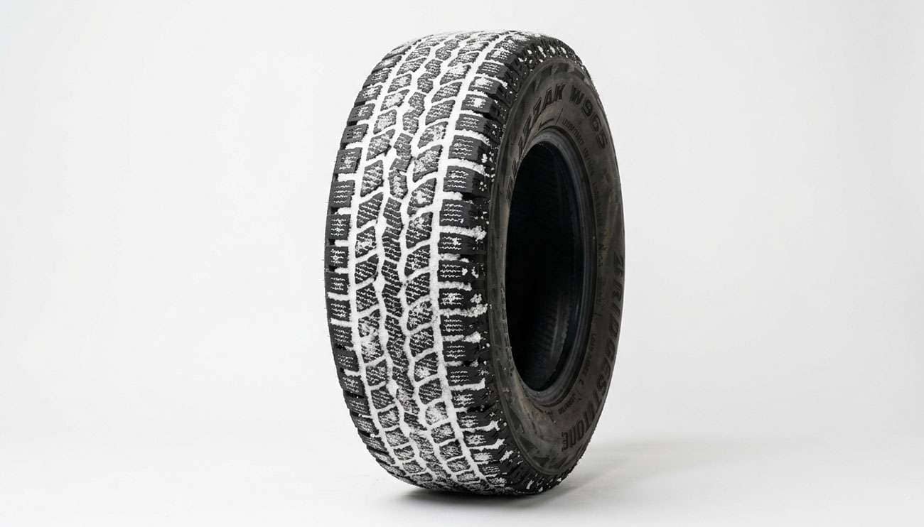 All-terrain light truck tire with packed snow caught in its tread blocks, grooves, and sipes