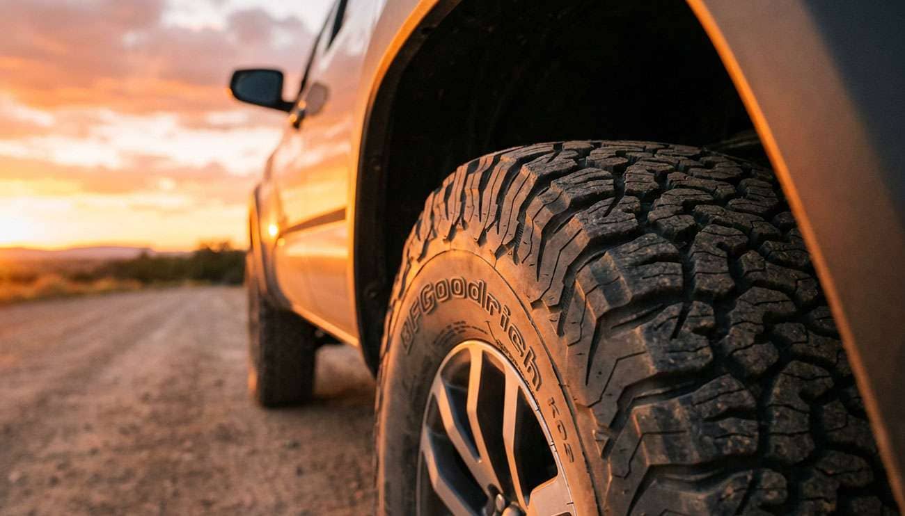 Close-up of a rugged all-terrain tire on a pickup truck parked on a sunlit road at sunset