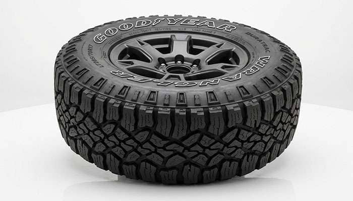 Close-up of an all-terrain tire sidewall showing section width and tread shoulder