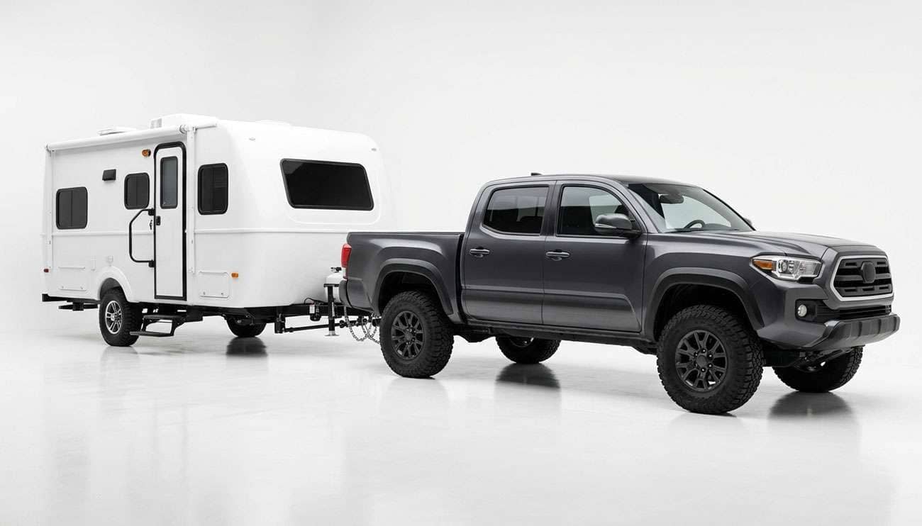 Pickup truck on all-terrain tires hitched to a travel trailer