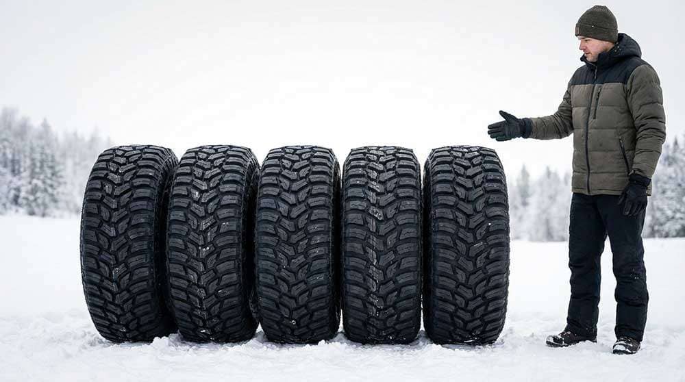 Person showcasing a lineup of five all-terrain tires for winter, snow, and ice comparison test outdoors in snow